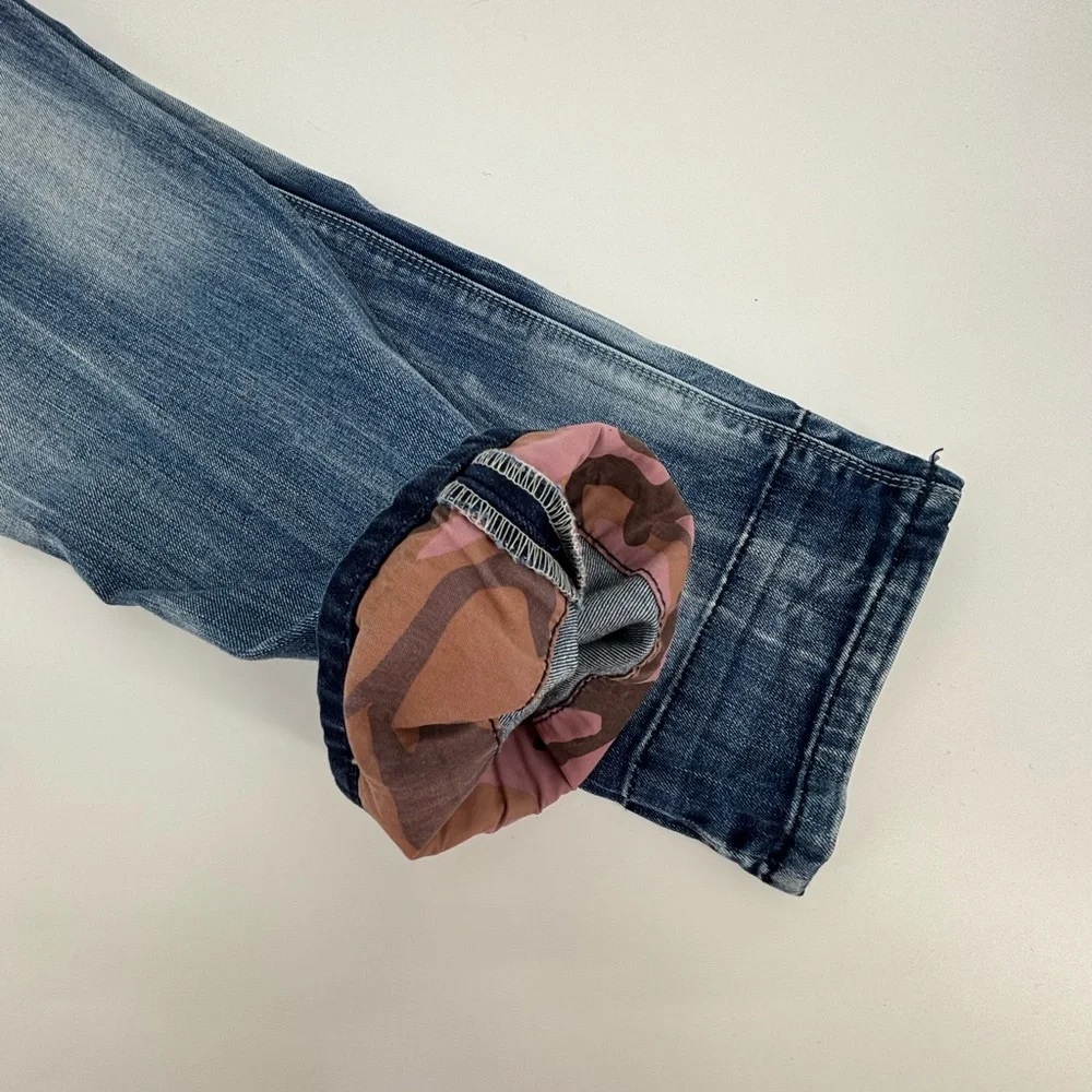The Fresh Brand JEFF Jeans Mens 34x32 Distressed Straight Blue‎ Denim Camo Lined